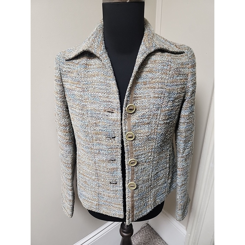 Juliana Collezione Blazer 6 Beige‎ Teal Blue Wool Blend Tweed Boucle Pockets